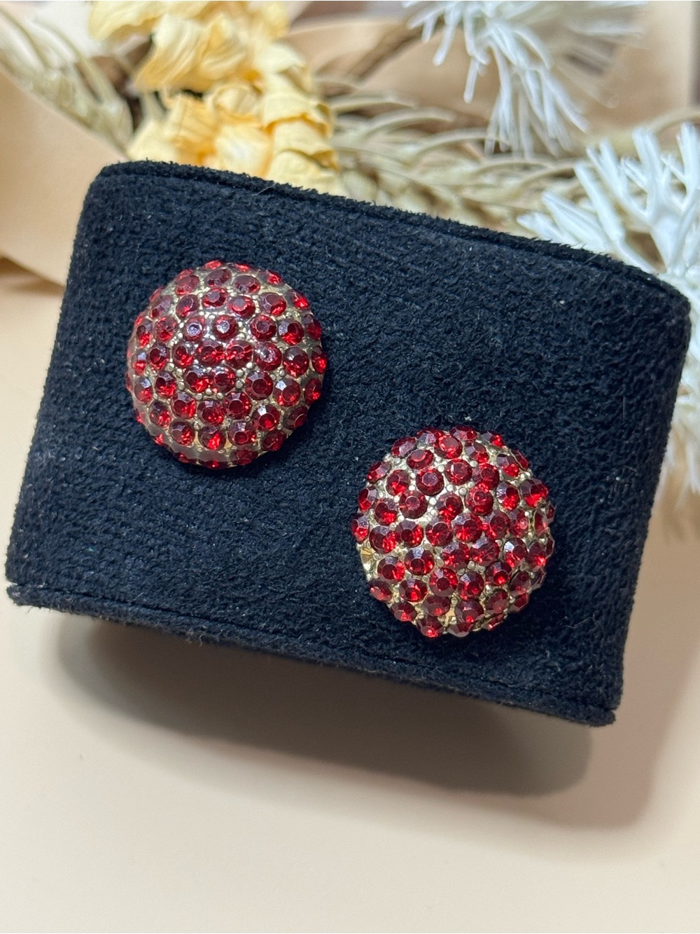 Vintage Red Rhinestone Gold Tone Dome Button Stud Earrings